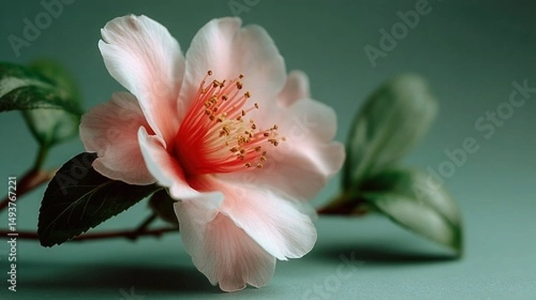 Fototapeta   A close-up of a pink flower with green leaves against a light blue background