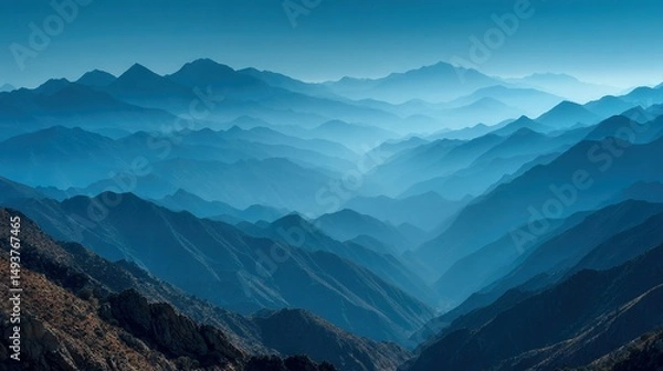 Fototapeta   A bird's-eye view of distant mountains is shown in this image, with a clear blue sky visible from the mountain top