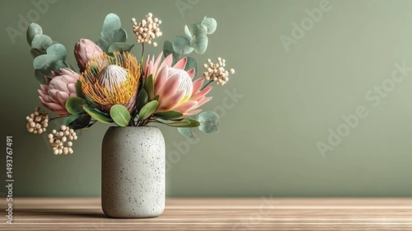 Fototapeta   A vase brimming with blooms perched on a wooden table against a lush green backdrop