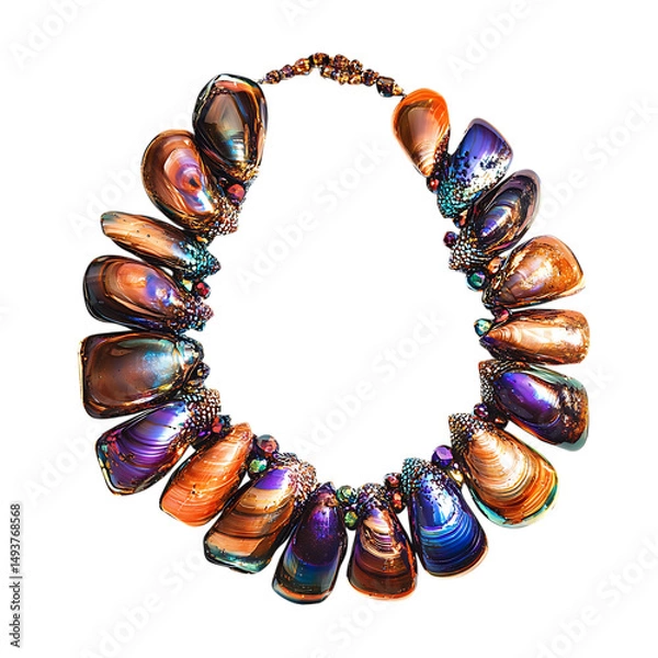 Fototapeta Vibrant Artistic Shell Necklace with a Dramatic Clu Isolated on Transparent Background