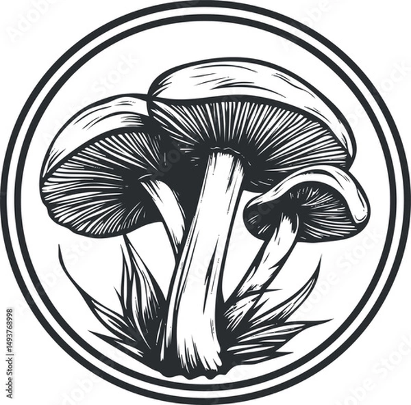Obraz Black and white illustration of three mushrooms growing in grass with a circular frame around them