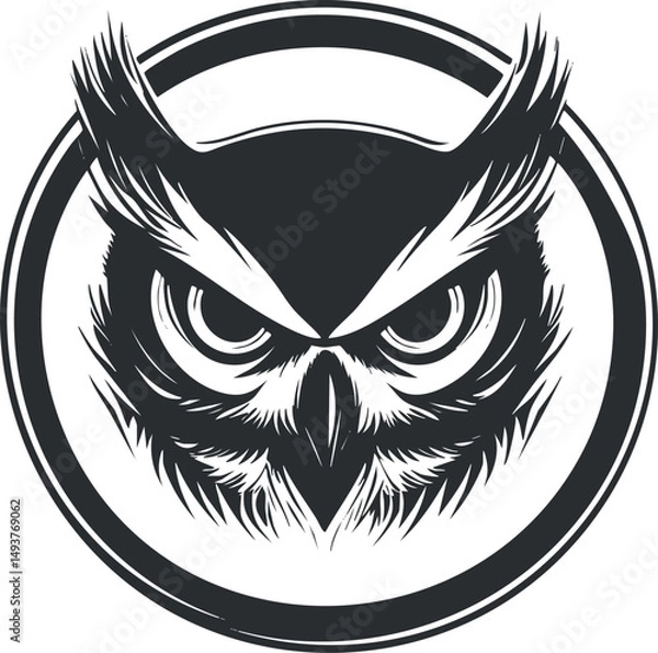 Obraz Stylized black and white owl head illustration inside a circular frame representing wildlife and nature