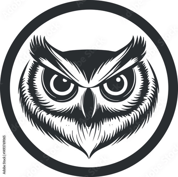 Obraz Monochrome stylized owl head illustration enclosed in a circle representing wildlife and nature