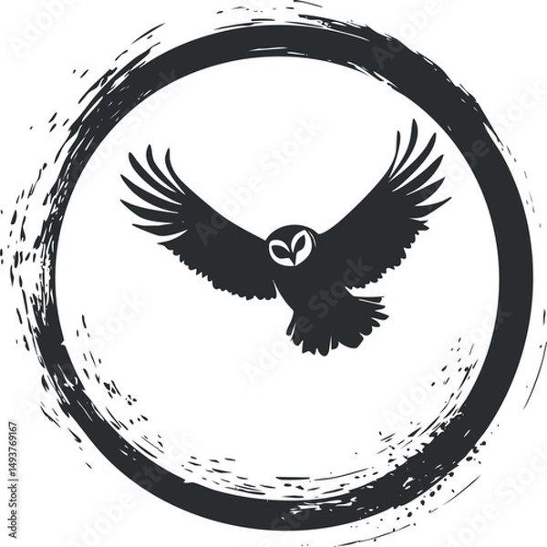 Obraz Black silhouette of an owl flying inside a rough circular brush stroke on white background