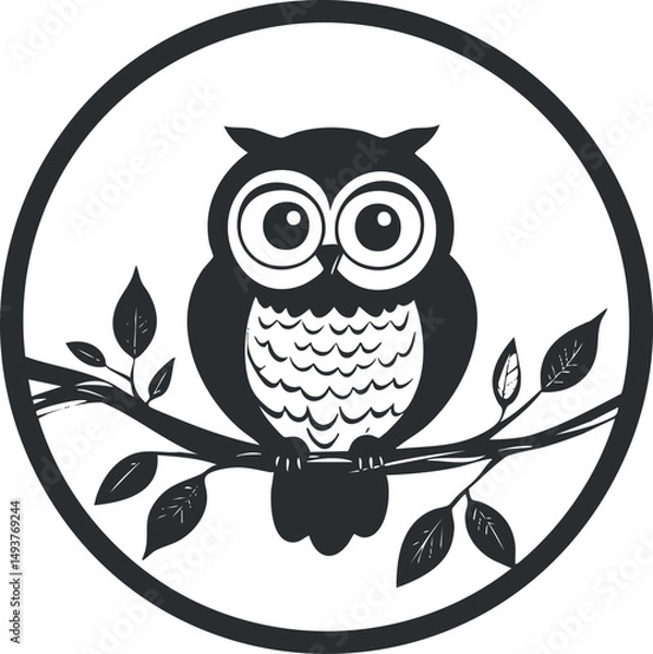 Obraz Black and white silhouette of an owl perched on a leafy branch inside a circular frame