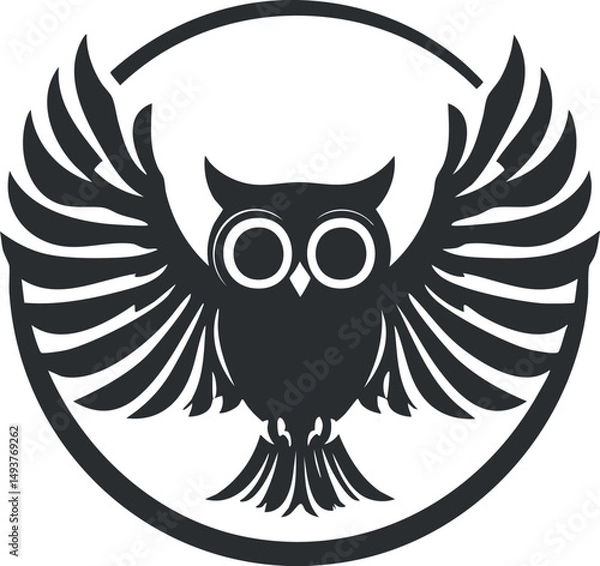 Obraz Black silhouette of an owl with wings spread wide inside a circular frame symbolizing flight and nature