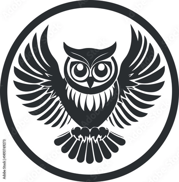 Obraz Black and white owl illustration with wings spread inside a circular frame symbolizing wisdom and nature