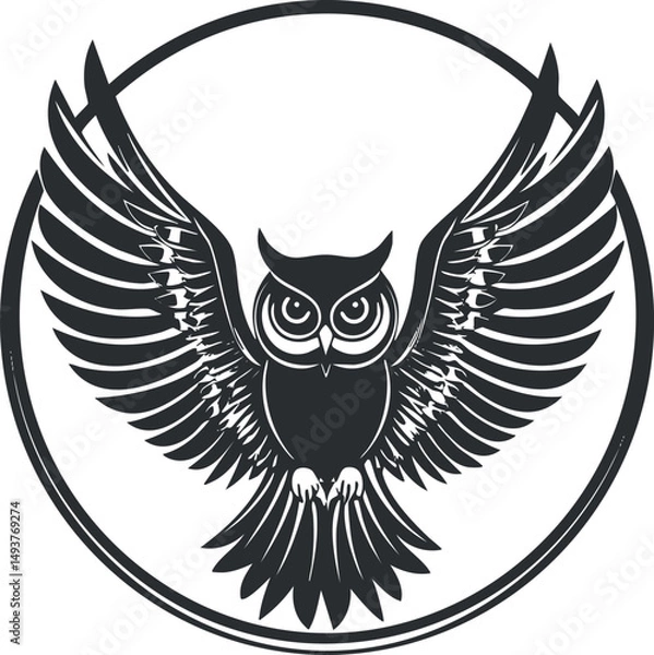 Obraz Black and white illustration of a flying owl with wings spread inside a circular frame
