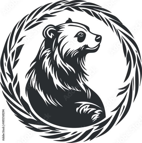 Obraz Black and white stylized illustration of a bear head in profile surrounded by a circular wreath design.
