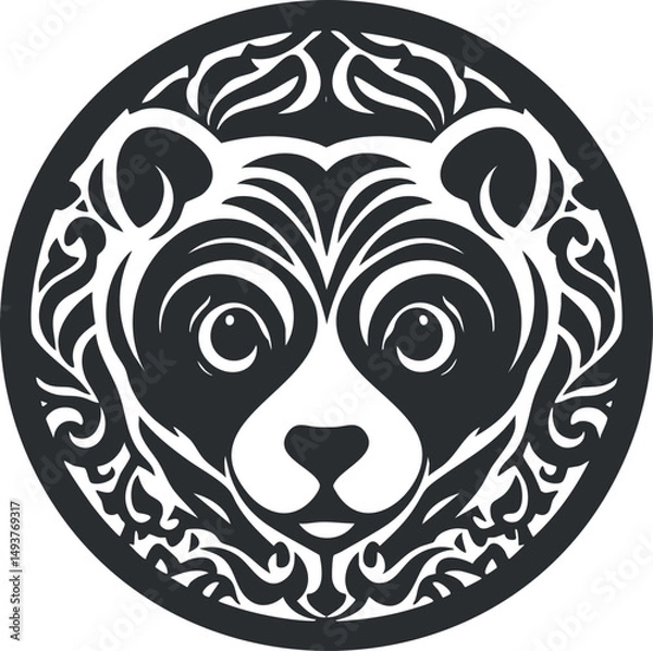 Obraz Stylized black and white circular bear face illustration with decorative patterns and abstract design.