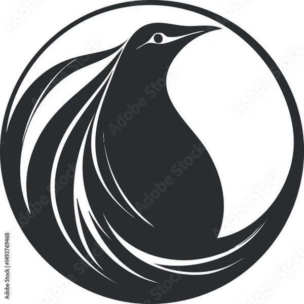 Obraz Stylized black bird silhouette logo inside a circle with flowing feather design and elegant curves