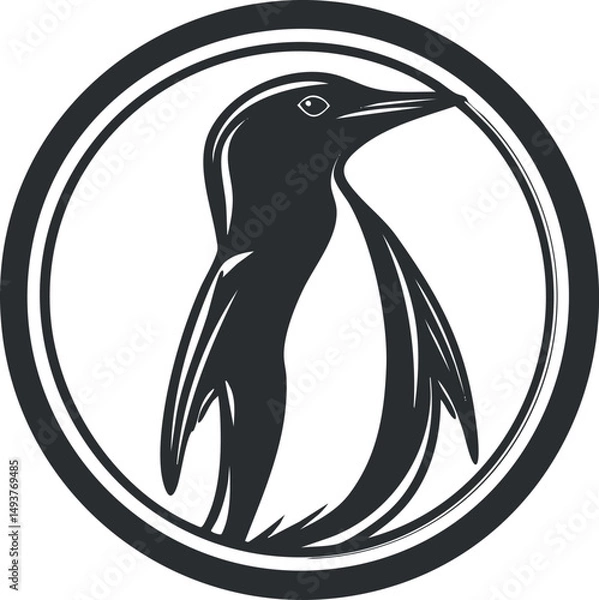 Obraz Stylized black and white penguin illustration inside a double circle frame, simple wildlife icon.