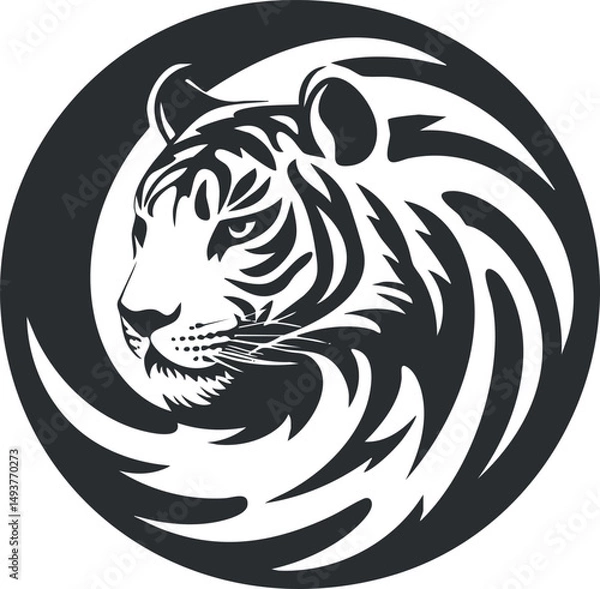 Obraz Stylized black and white tiger head in profile inside a circular design symbolizing strength and wildlife