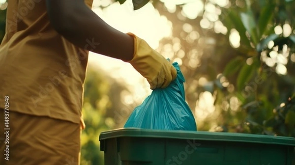Obraz An individual wearing bright yellow rubber gloves holds an open blue trash bag while standing before a green recycling bin, bathed in soft evening light