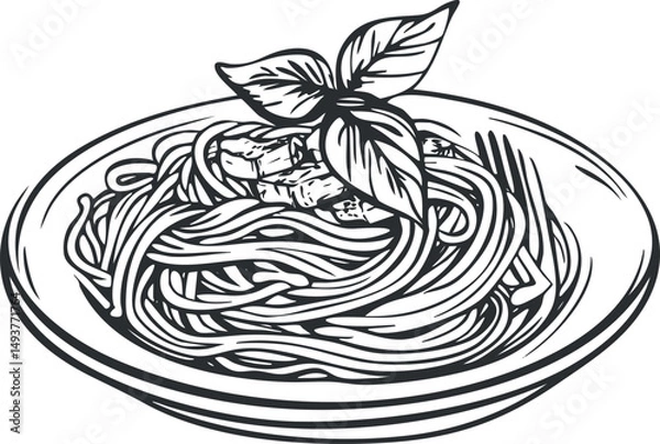 Obraz Hand drawn black and white illustration of spaghetti pasta dish with basil leaves on plate
