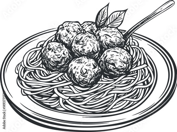 Obraz Black and white illustration of a plate of spaghetti with meatballs and basil garnish served with a fork.