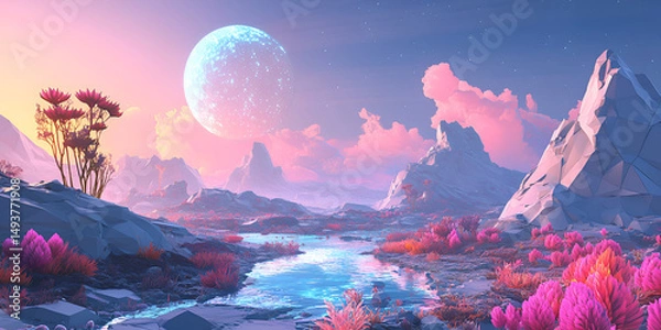 Fototapeta Enchanted Landscape: A Surreal River Flowing Through a Pastel Planet, Otherworldly Scenery: Fantasy Mountains and Luminous Moon, Futuristic Interactive Dreamscape
