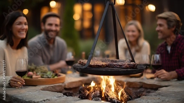 Fototapeta A group of friends enjoying a barbecue around a fire pit with wine and salad in the evening light