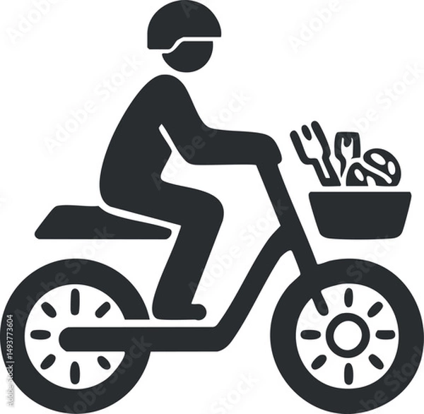 Obraz Black and white icon of a person wearing a helmet riding a bicycle with a basket carrying food items