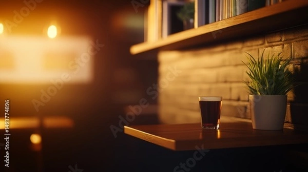 Obraz A small wooden table holds a drink, surrounded by a neatly organized shelf of plants and books. Warm lighting creates an inviting and tranquil atmosphere