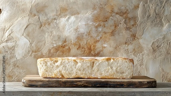 Obraz Rustic loaf of bread on wooden board against textured background.