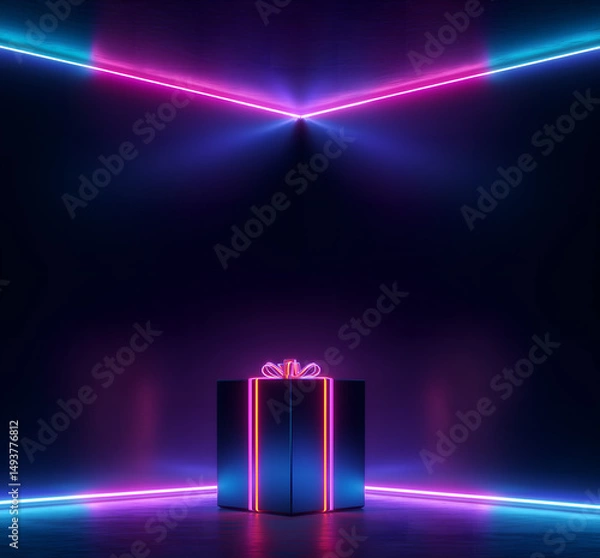 Obraz abstract background with neon led pink & blue lights glowing in grunge dark interior with shiny pink ribbon on gift box; copy space 