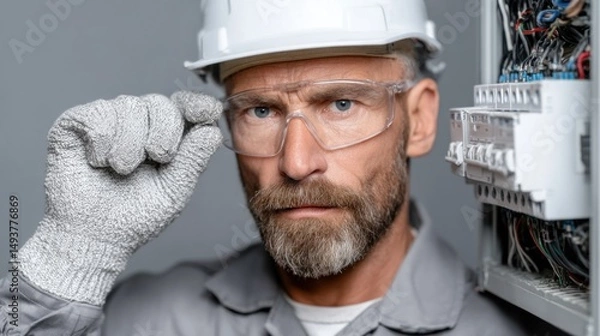 Obraz focused electrician wearing a hard hat and protective glasses examines an electrical panel. detail reflects the importance of safety and expertise in the electrical trade