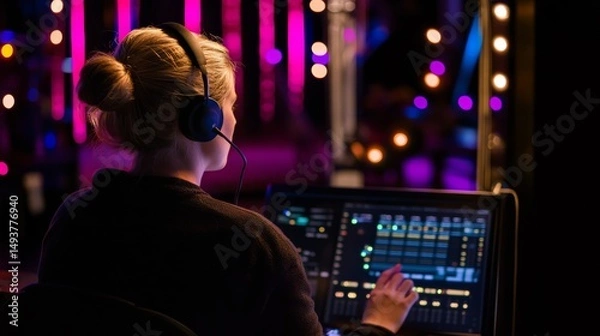 Obraz Stage manager, wearing a headset, focuses on adjusting lighting controls on a touchscreen as colorful lights illuminate the production area backstage