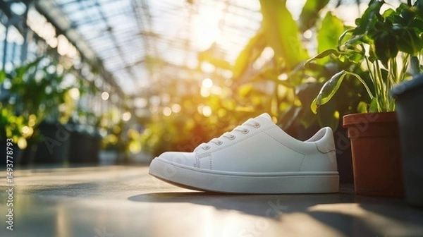 Obraz Bright morning light floods a clean, minimalist area where white sneakers rest on concrete, surrounded by vibrant potted tropical plants for a fresh atmosphere