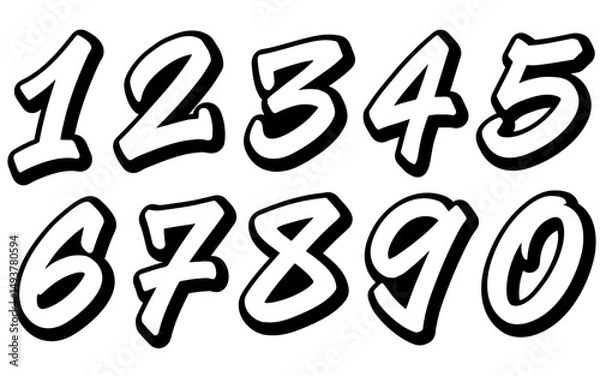 Fototapeta Graffiti style numbers from 0 to 9, vector hand drawn white graffiti numbers with shadow, handwritten number set
