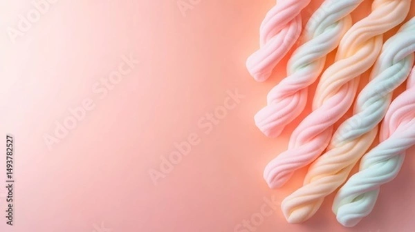 Obraz Close-up view of colorful marshmallow twists placed on a soft pastel gradient background, highlighting textures and vibrant hues under gentle lighting