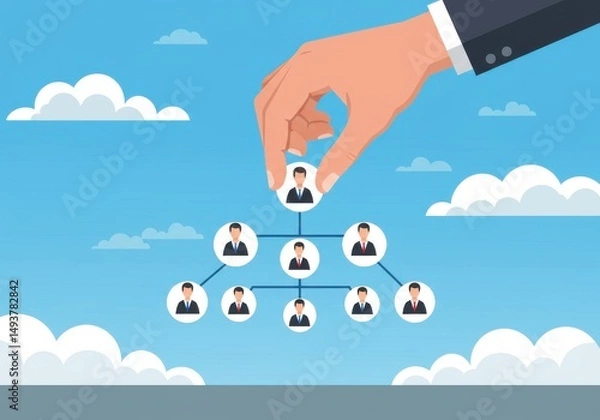 Fototapeta Hand placing a person in a business organizational chart against a blue sky with clouds