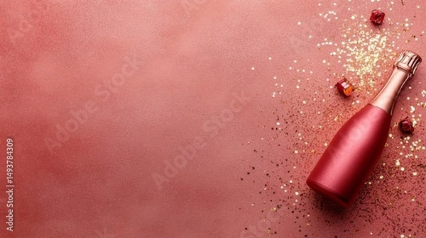 Obraz A beautifully arranged pink champagne bottle rests on a soft blush surface surrounded by shimmering gold sequins, evoking a festive and classy ambiance