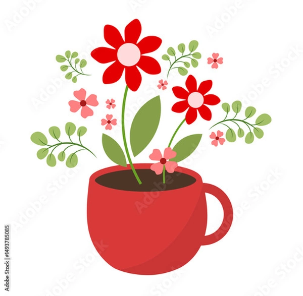 Fototapeta Red cup with red flowers on a white background.