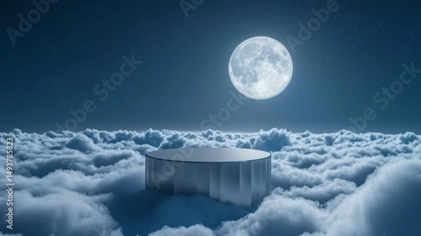 Fototapeta A metallic cylindrical platform sits atop fluffy clouds under a full moon at night.