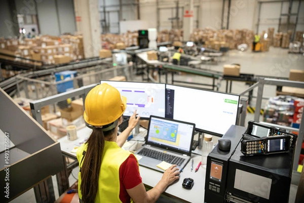 Fototapeta A woman is analyzing real-time data on her computer within a warehouse, demonstrating tech integration in logistics.