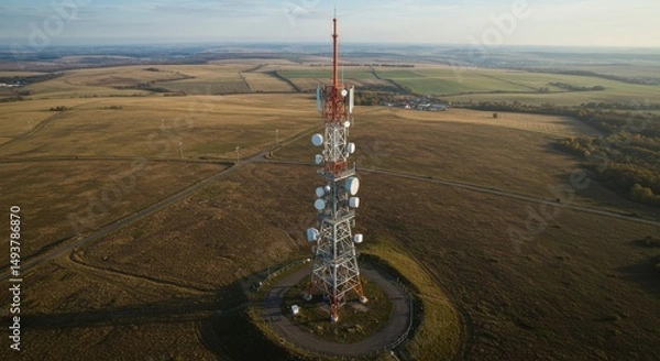 Obraz Rural Telecommunications Tower Gigapixel Aerial View - Connectivity, technology, infrastructure, communication, landscape. Symbolizing progress, communication, rural development, modern technology
