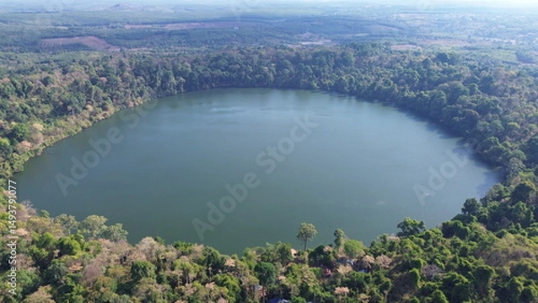 Fototapeta Aerial Drone View of Yeak Laom Crater Lake in Ban Lung, Cambodia..