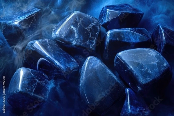 Fototapeta A collection of dark blue tumbled stones, possibly lapis lazuli, arranged on a smoky blue background.