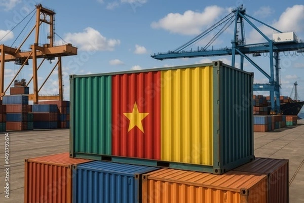 Obraz A container in green, red, and yellow with a yellow star — the flag of Cameroon — placed in a port setting. Ideal for African trade, logistics services, and global commerce.
