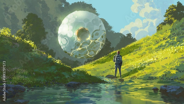 Fototapeta A traveler stands in a glowing green valley beside a stream gazing at a large mysterious floating orb emitting light and energy in the sky, digital art style, illustration painting