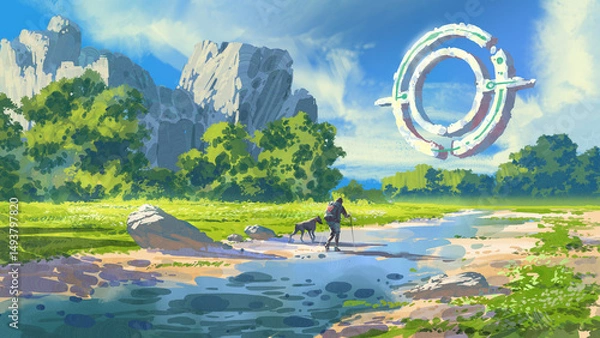 Fototapeta A hiker and dog cross a peaceful stream in a lush green valley under a massive floating ring in the sky blending nature and sci-fi, digital art style, illustration painting
