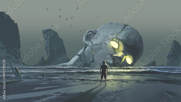 Fototapeta A man faces a massive cracked statue head with glowing eyes lying in the surf of a mysterious dark coastline under a muted sky, digital art style, illustration painting