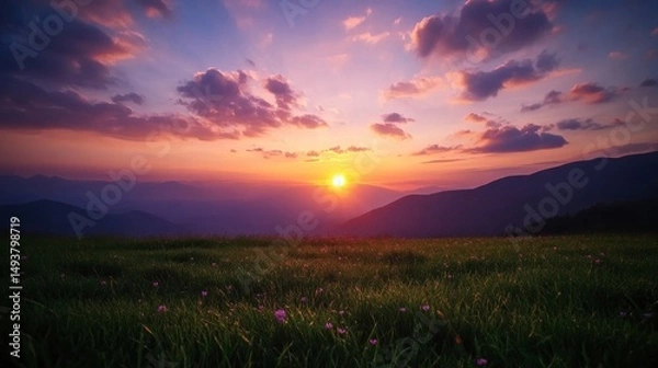 Obraz Deep oranges, purples, and reds illuminate the sky as the sun sets, casting a warm glow over the tranquil meadow filled with greenery and colorful clouds