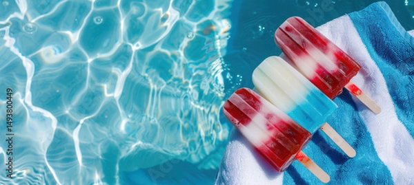 Fototapeta Summer Poolside Relaxation with Melting Red, White, and Blue Popsicles and Striped Towels