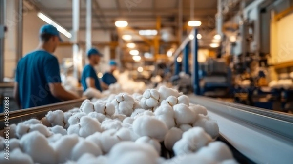 Obraz Raw cotton fibers travel on a conveyor belt in an eco-friendly factory, where workers oversee machinery, highlighting sustainability and efficiency