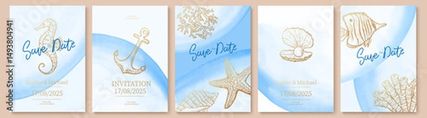 Fototapeta Set of wedding cards, invitation. Save the date sea style design. Blue watercolor wash.  Summer background. Hand drawn seashells, fish, seahorse with golden texture.