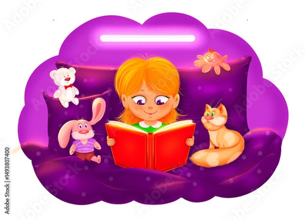 Fototapeta A girl on the bed is reading a book to toys and a cat. Children's illustration