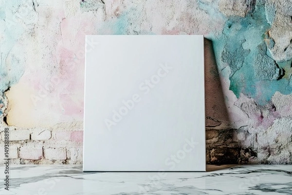 Fototapeta Blank canvas leaning against a textured, colorful, distressed wall.