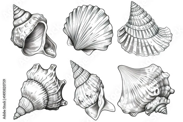 Fototapeta beautifully illustrated set of six unique seashells in monochrome ink sketch technique. Conceptual for eco-friendly packaging, beach resort logos and natural science visual content